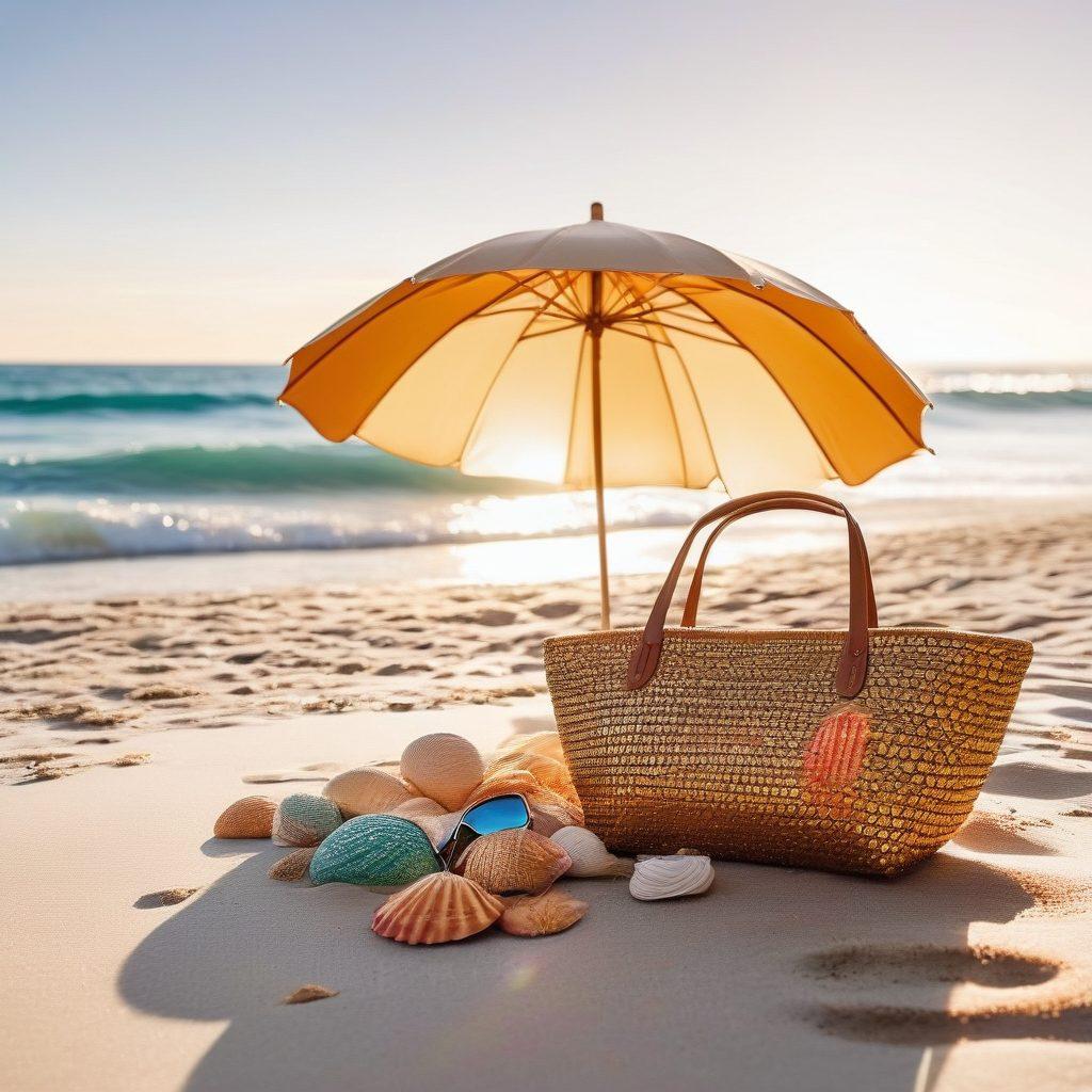 An elegant beach scene featuring a variety of trendy swimwear styles displayed on mannequins under stylish beach umbrellas. The sand is golden, adorned with vibrant seashells, and a gentle wave lapping at the shore. The backdrop showcases a luxurious ocean with a sunrise casting warm hues on the water. Include elements like a chic beach bag and sunglasses to enhance the luxurious vibe. super-realistic. vibrant colors. white background.